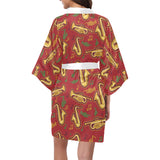 Saxophone cornet pattern red background Women's Short Kimono Robe