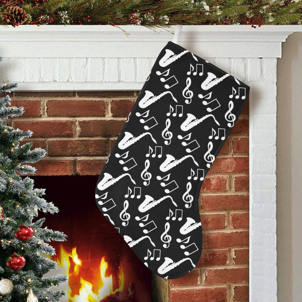 Saxophone music notes treble clef black white them Christmas Stocking