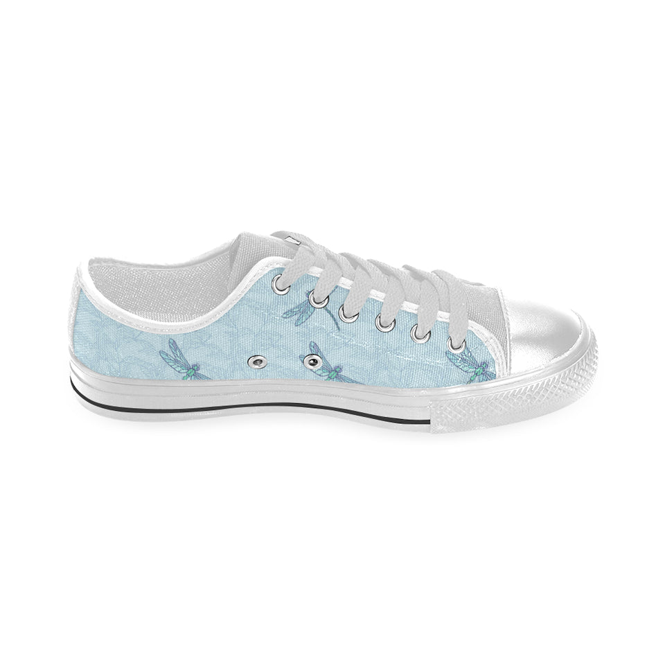 Dragonfly pattern blue background Men's Low Top Shoes White
