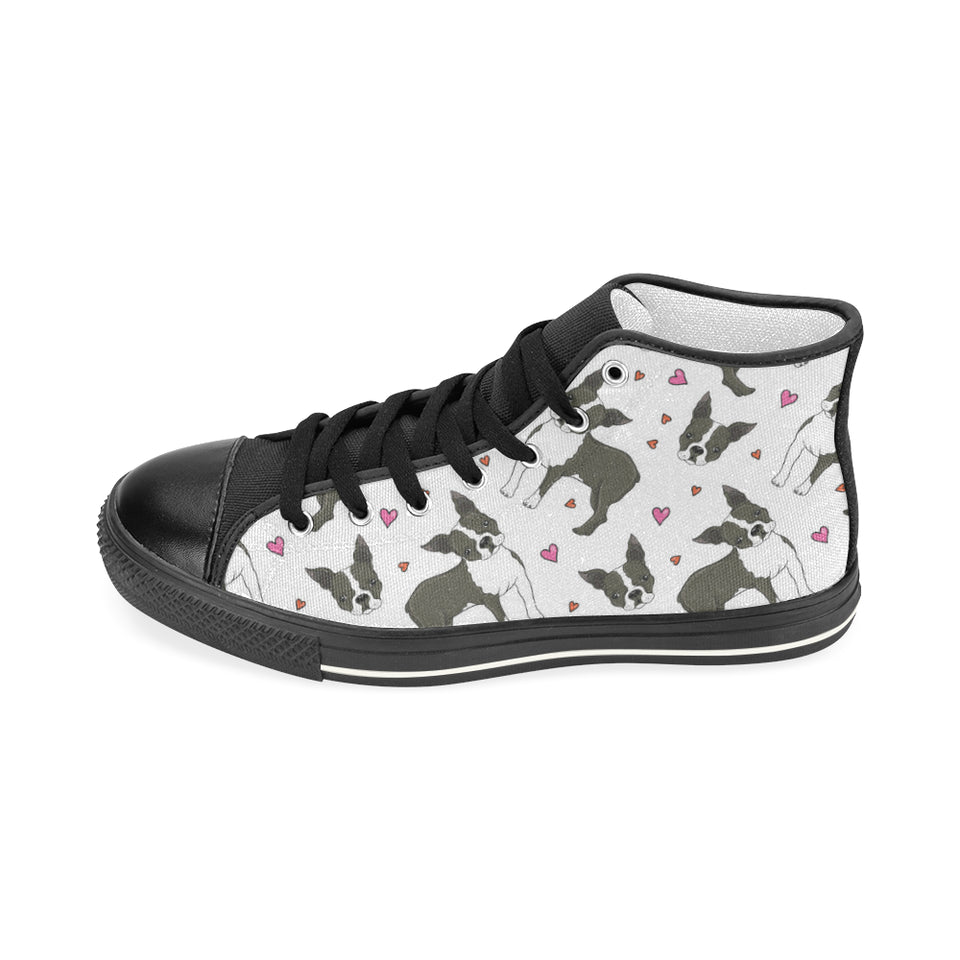 Boston terrier dog hearts vector pattern Women's High Top Canvas Shoes Black