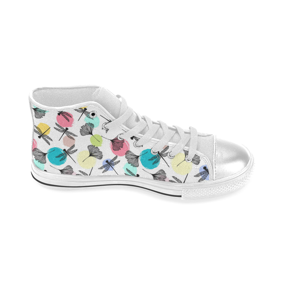 Dragonflies ginkgo leaves pattern Women's High Top Canvas Shoes White