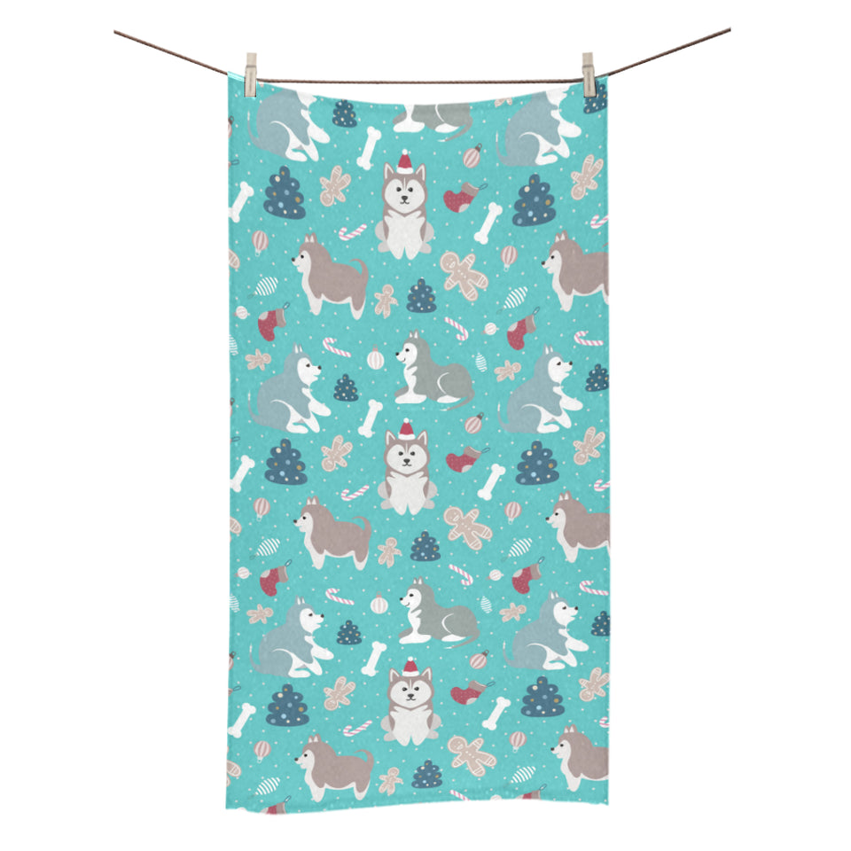 Christmas cute siberian husky puppie pattern Bath Towel