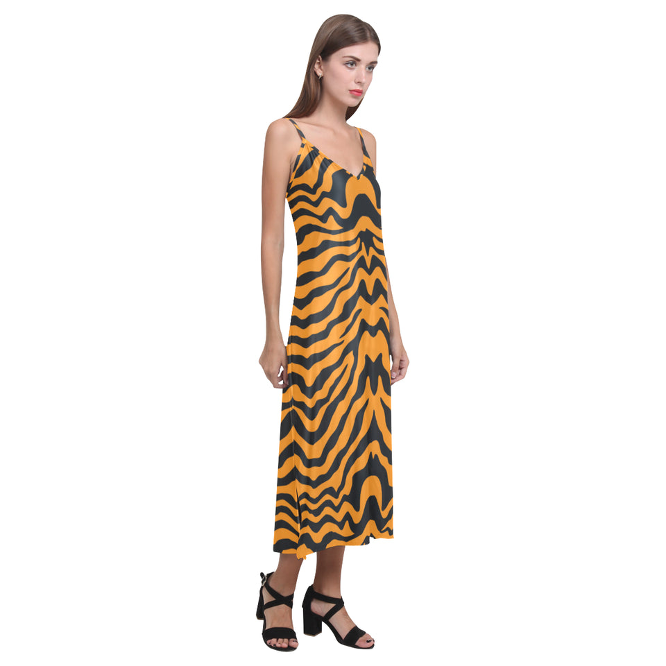 Bengal tigers skin print pattern V-Neck Open Fork Long Dress