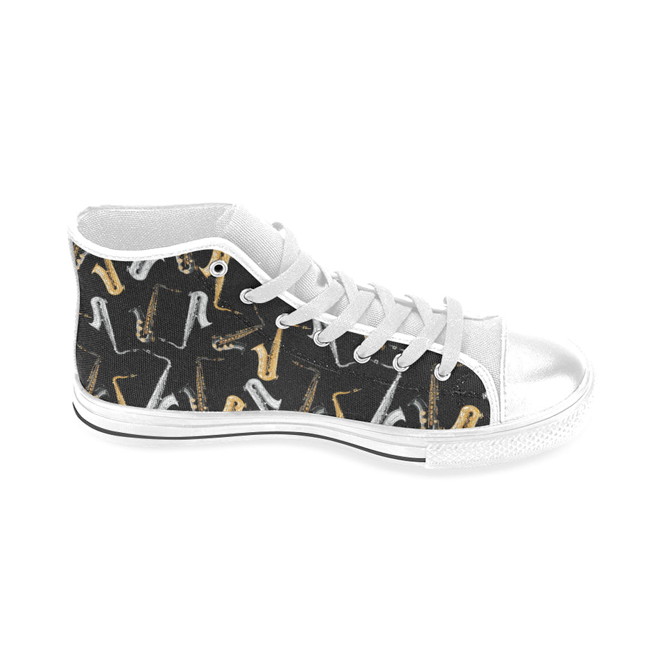 saxophone design pattern Men's High Top Canvas Shoes White