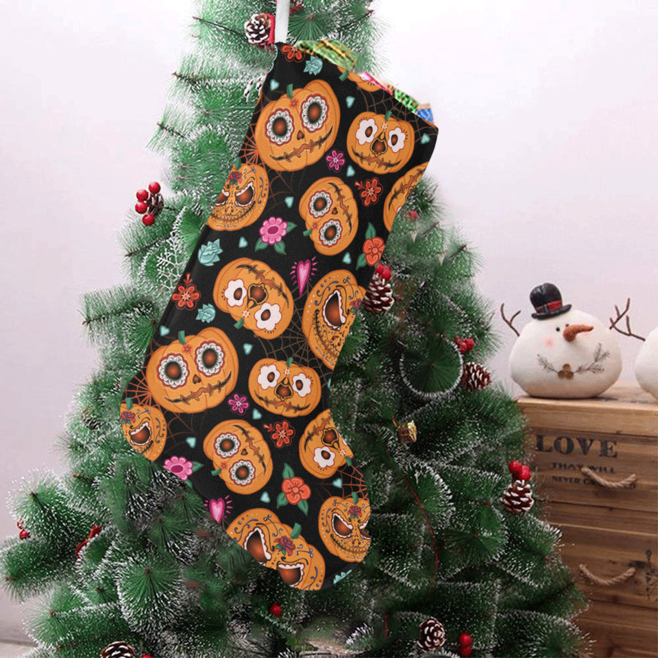 Pumpkin flowers spiderweb Halloween theme Christmas Stocking