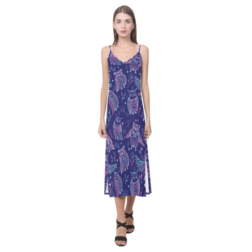 Cute owls pattern boho style ornament V-Neck Open Fork Long Dress