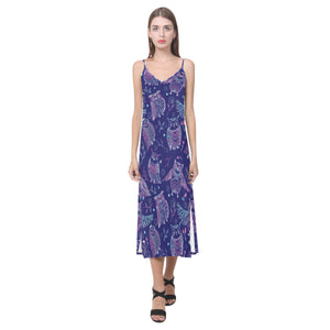 Cute owls pattern boho style ornament V-Neck Open Fork Long Dress