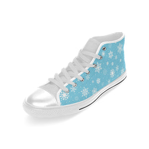 Snowflake pattern blue background Men's High Top Canvas Shoes White