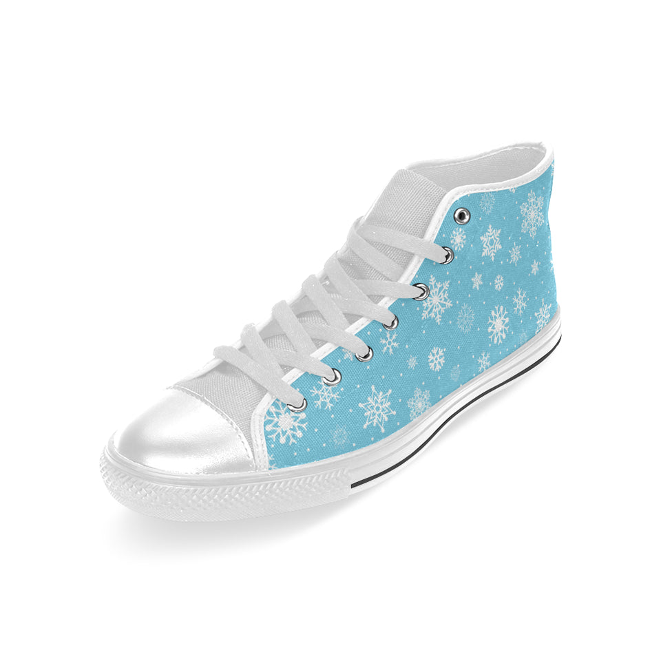 Snowflake pattern blue background Men's High Top Canvas Shoes White