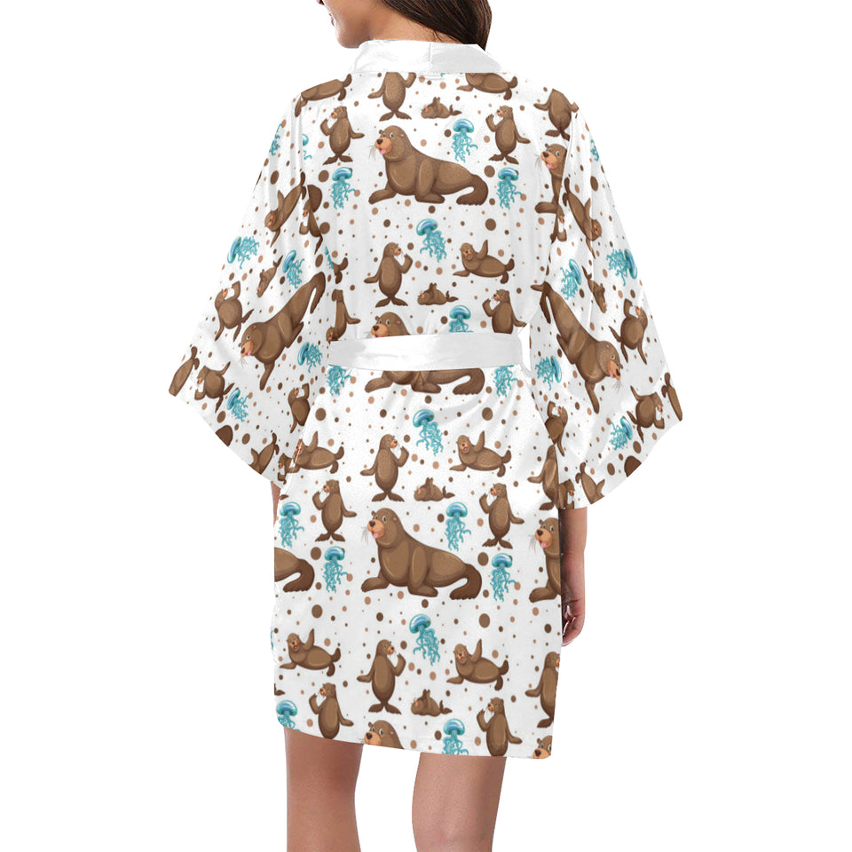 sea lion Seals jellyfish pattern Women's Short Kimono Robe