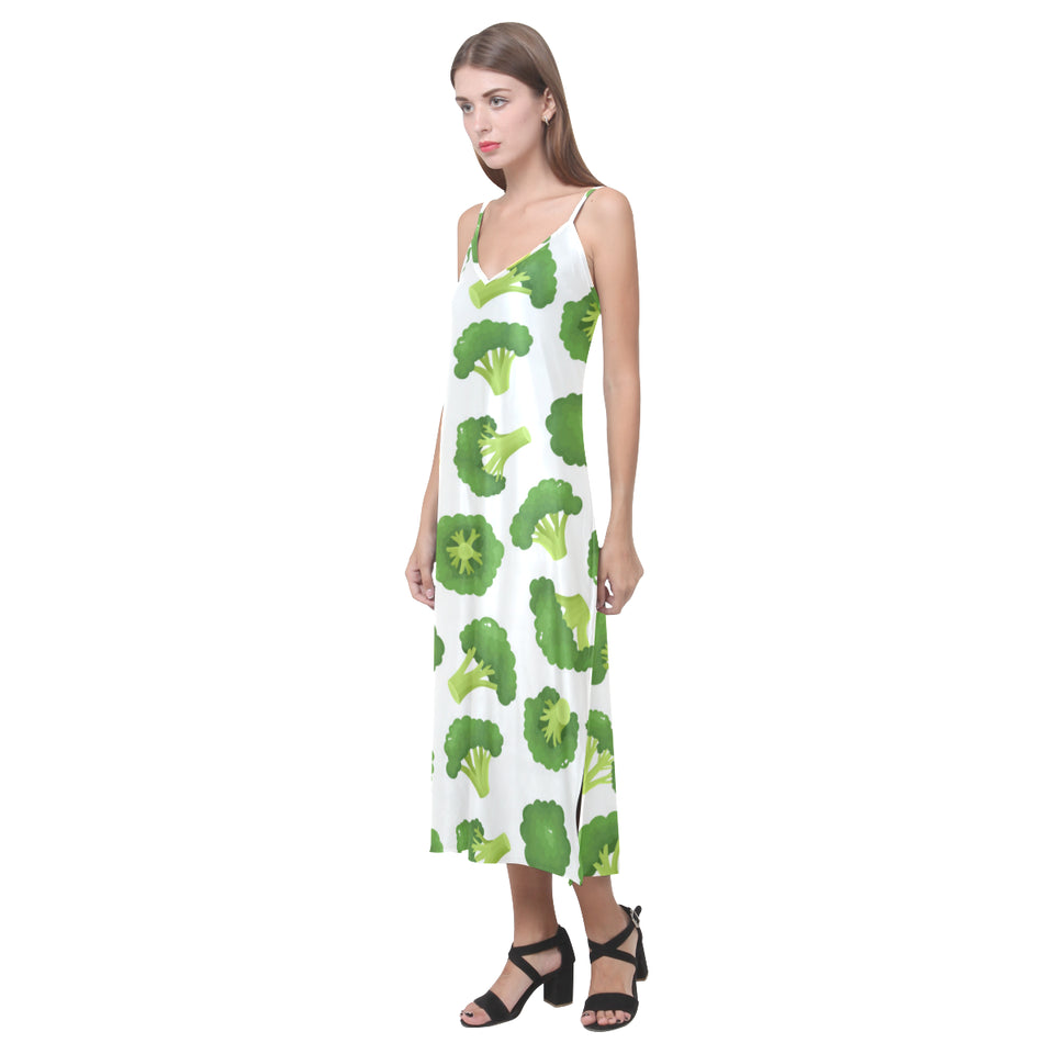 Cute broccoli pattern V-Neck Open Fork Long Dress