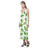 Cute broccoli pattern V-Neck Open Fork Long Dress