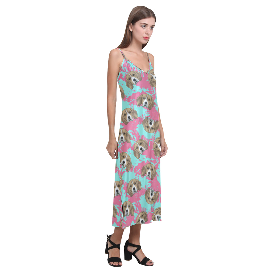 Beagle muzzles turquoise paint splashes pink patte V-Neck Open Fork Long Dress