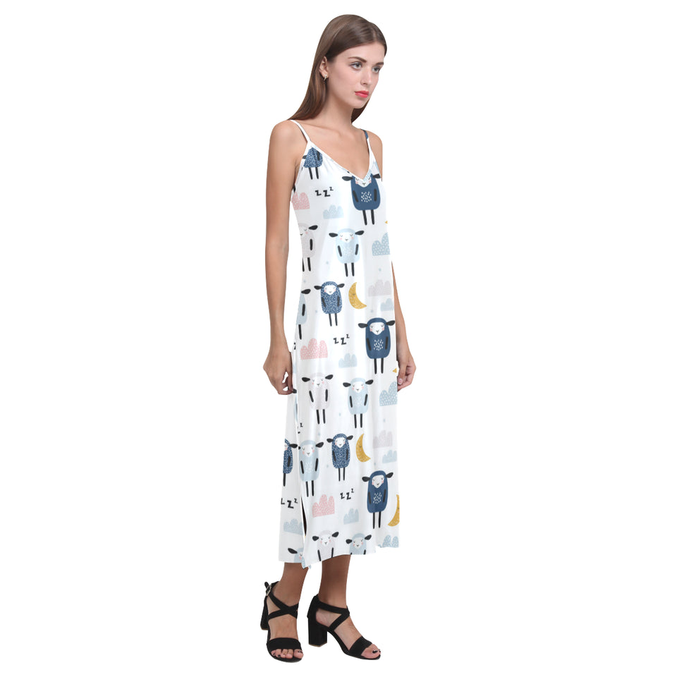 Cute sleeping sheep moon cloud pattern V-Neck Open Fork Long Dress