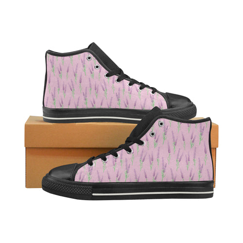 Lavender pattern pink background Women's High Top Canvas Shoes Black