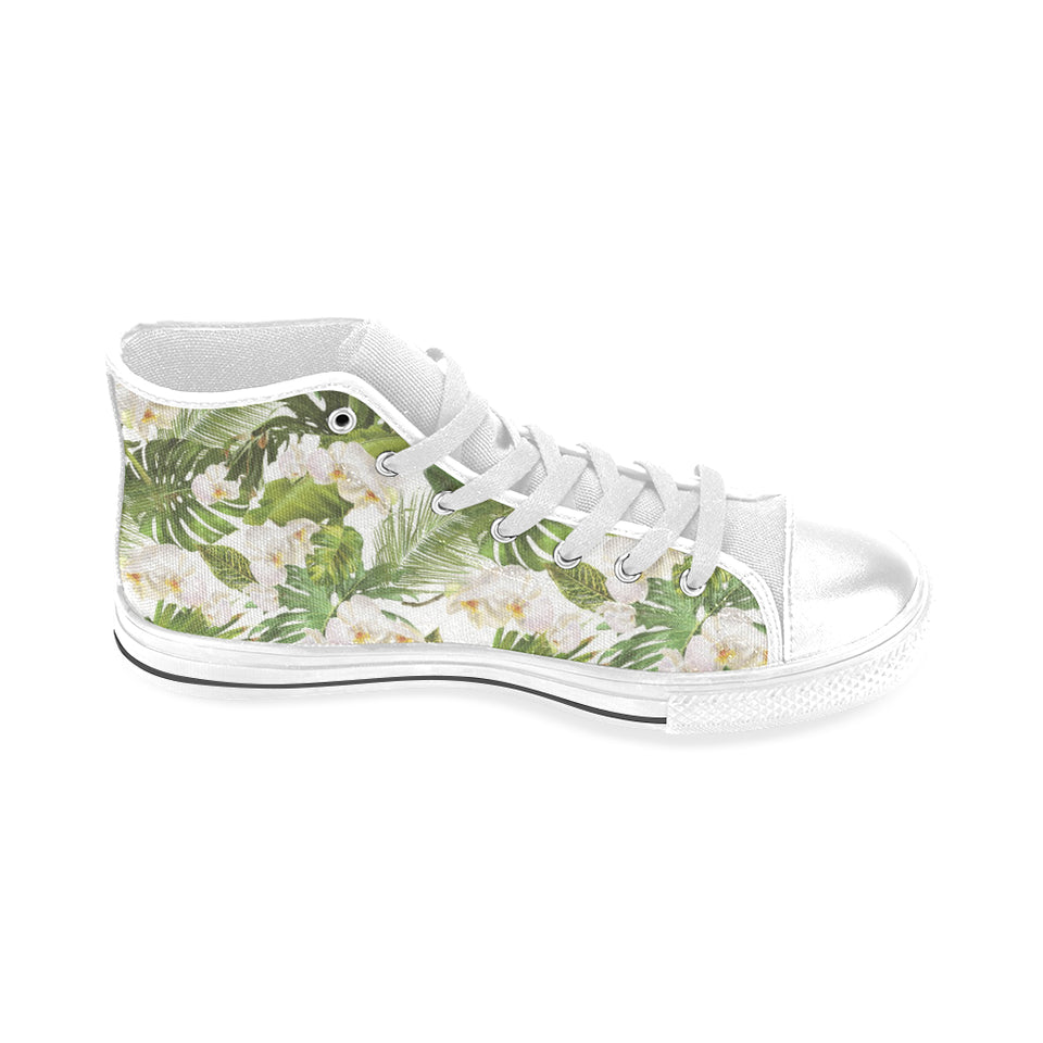 White orchid flower tropical leaves pattern Men's High Top Canvas Shoes White
