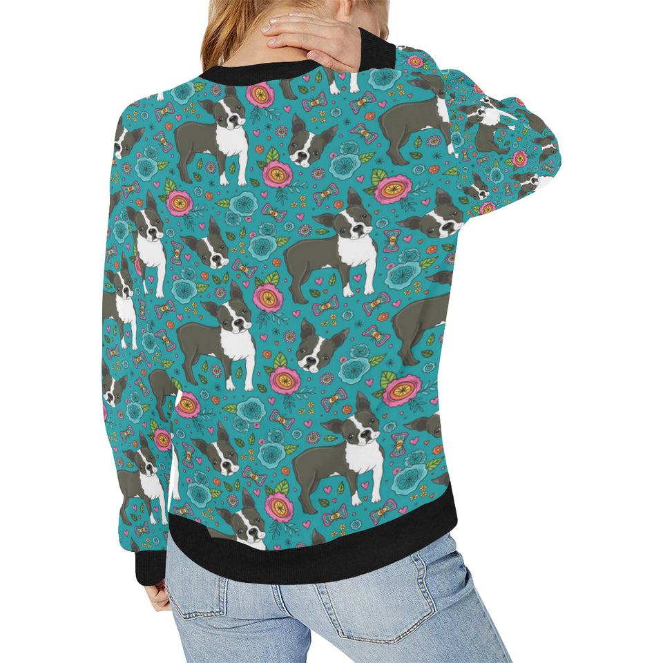 Boston terrier beautiful flower pattern Women's Crew Neck Sweatshirt