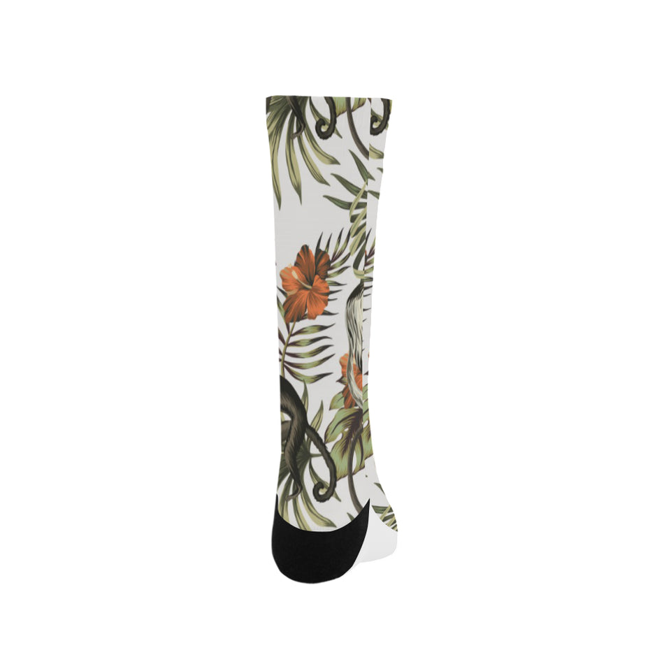 Monkey red hibiscus flower palm leaves floral patt Crew Socks
