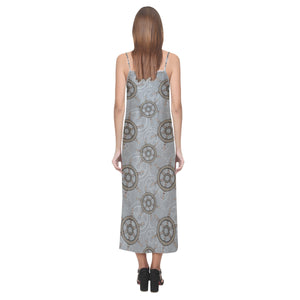 nautical wood steering wheel pattern V-Neck Open Fork Long Dress