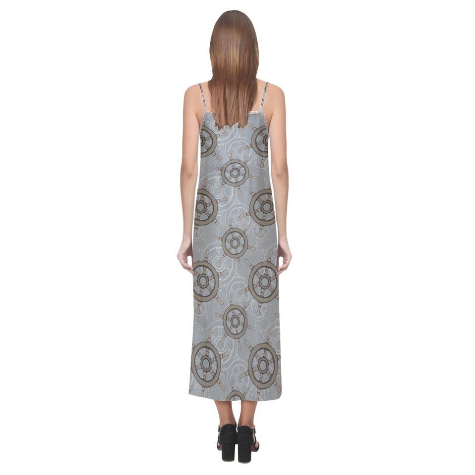 nautical wood steering wheel pattern V-Neck Open Fork Long Dress