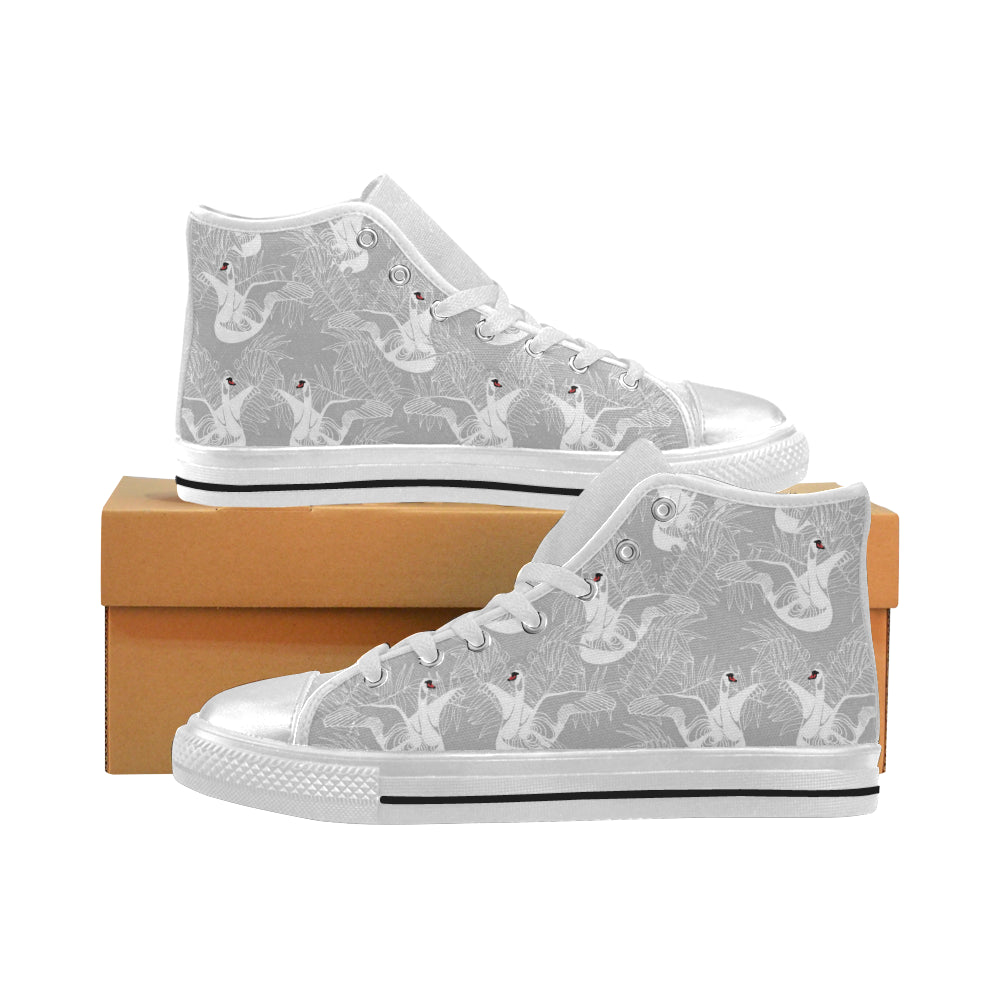 white swan gray background Women's High Top Canvas Shoes White