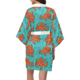 Octopus turquoise background Women's Short Kimono Robe