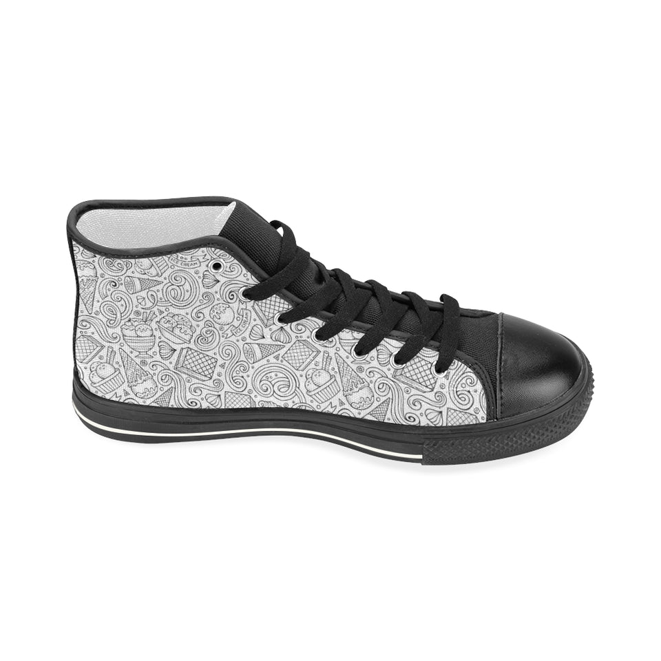 Cartoon hand drawn ice cream black white Women's High Top Canvas Shoes Black