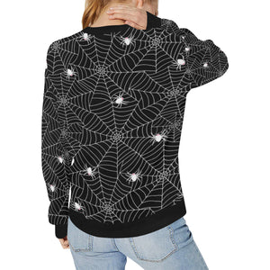 Spider web design pattern Black background white c Women's Crew Neck Sweatshirt