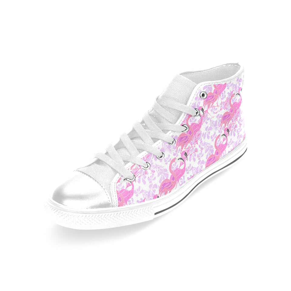 Pink flamingo flower pattern Women's High Top Canvas Shoes White