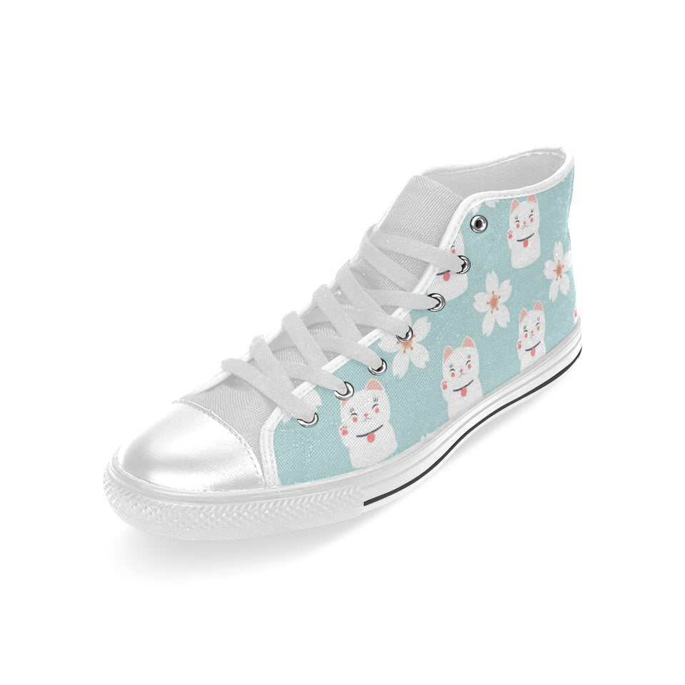Maneki neko cat sakura Men's High Top Canvas Shoes White