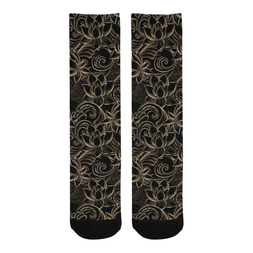 luxurious gold lotus waterlily black background Crew Socks