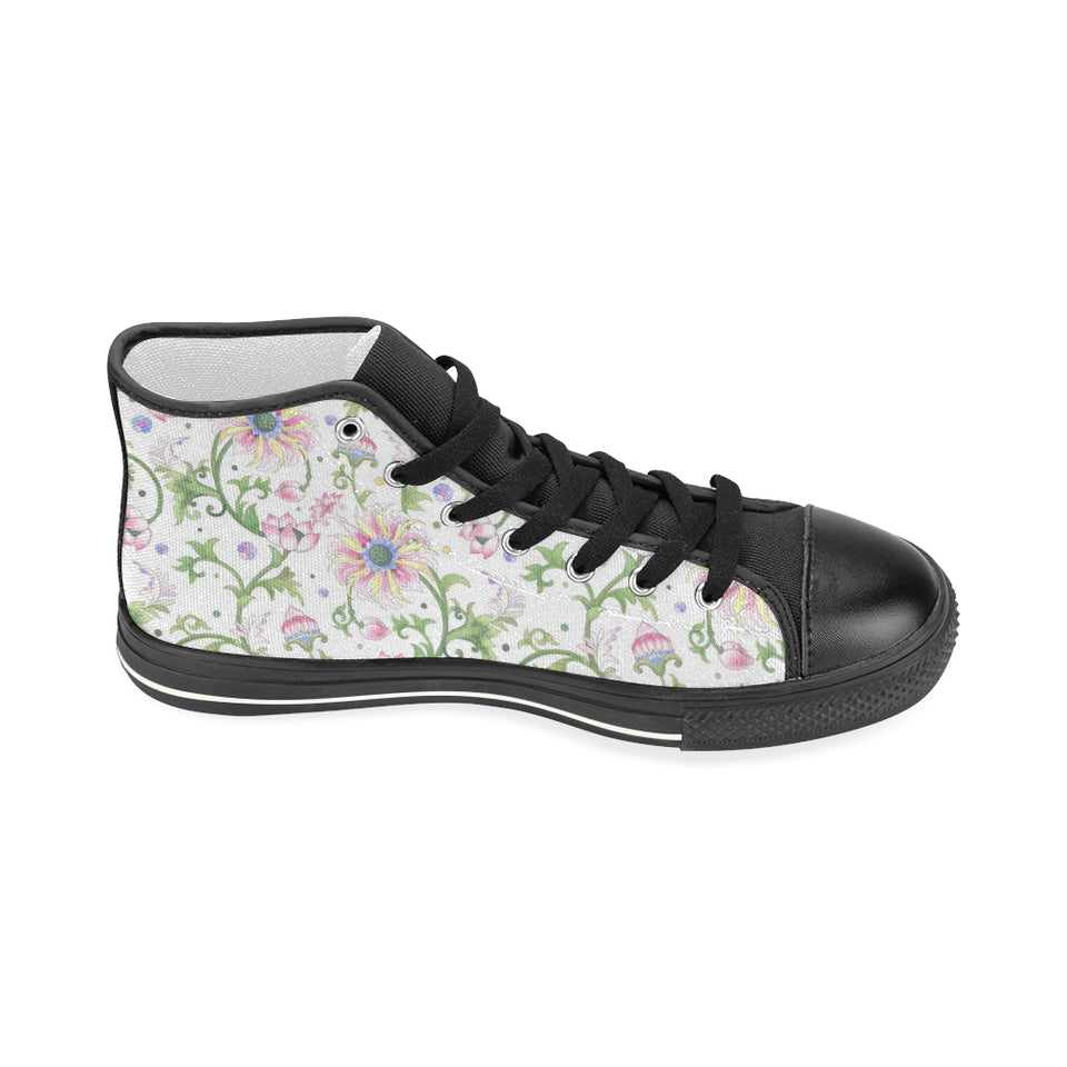 Beautiful pink lotus waterlily leaves pattern Women's High Top Canvas Shoes Black
