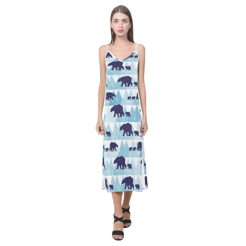 polar bear winter snow pattern V-Neck Open Fork Long Dress