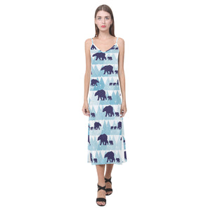 polar bear winter snow pattern V-Neck Open Fork Long Dress