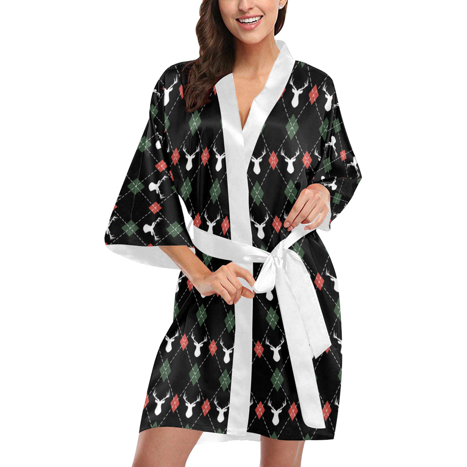 Deer Christmas new year pattern argyle Women's Short Kimono Robe