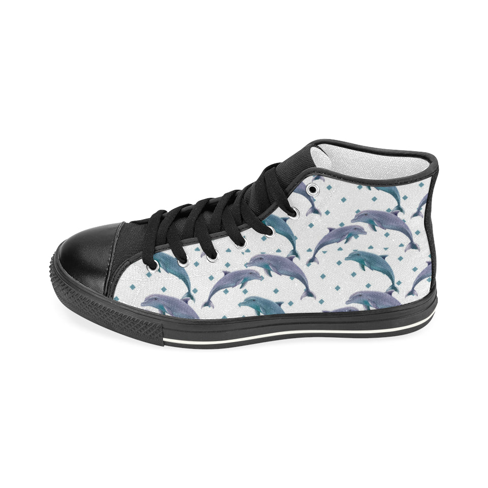 Dolphins pattern dotted background Women's High Top Canvas Shoes Black