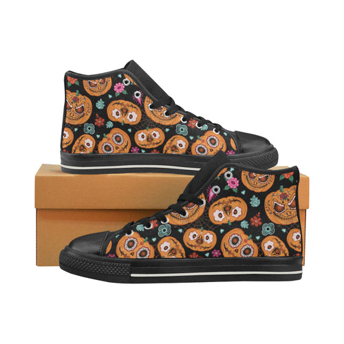 Pumpkin flowers spiderweb Halloween theme Women's High Top Canvas Shoes Black