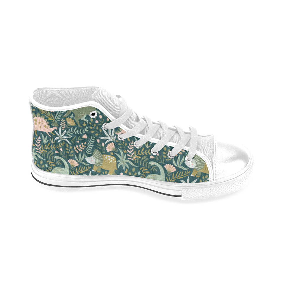dinosaurs tropical leaves flower pattern Men's High Top Canvas Shoes White