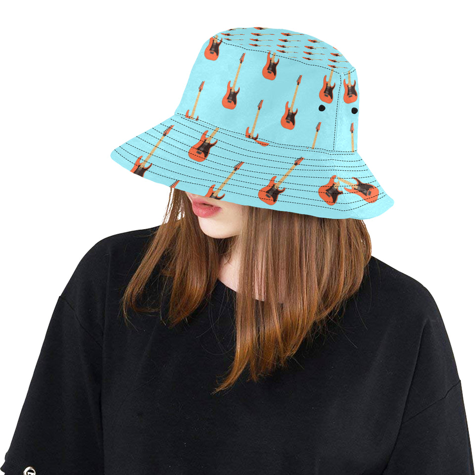 electric guitar pattern light blue background Unisex Bucket Hat
