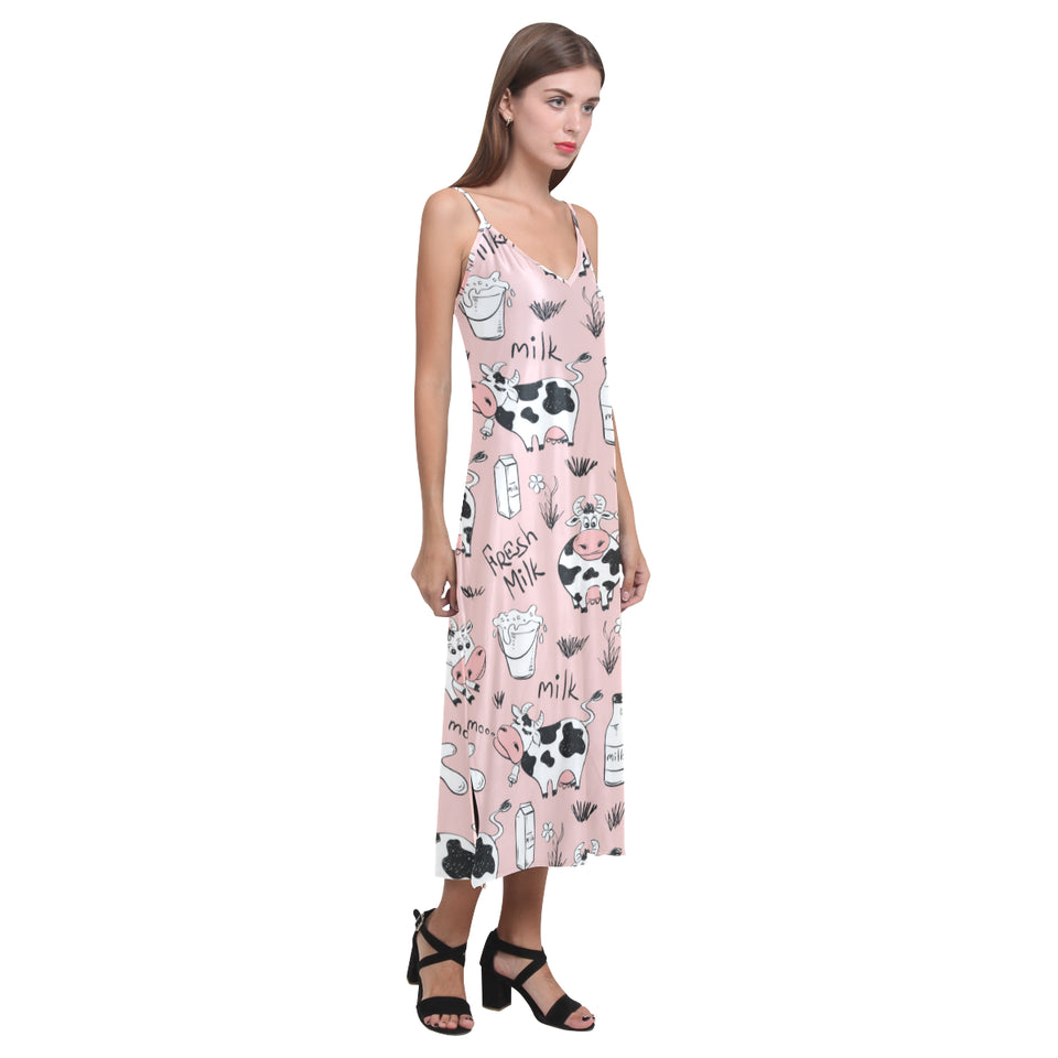 Cows milk product pink background V-Neck Open Fork Long Dress