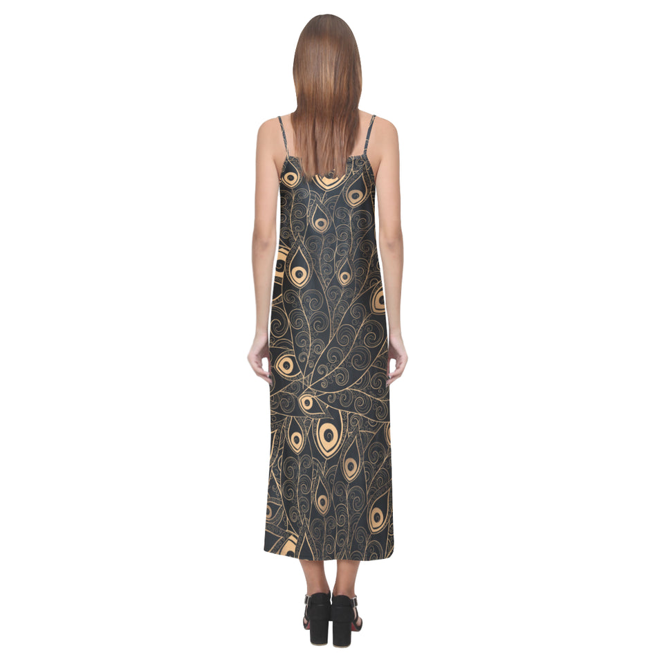 Gold peacock feather pattern V-Neck Open Fork Long Dress