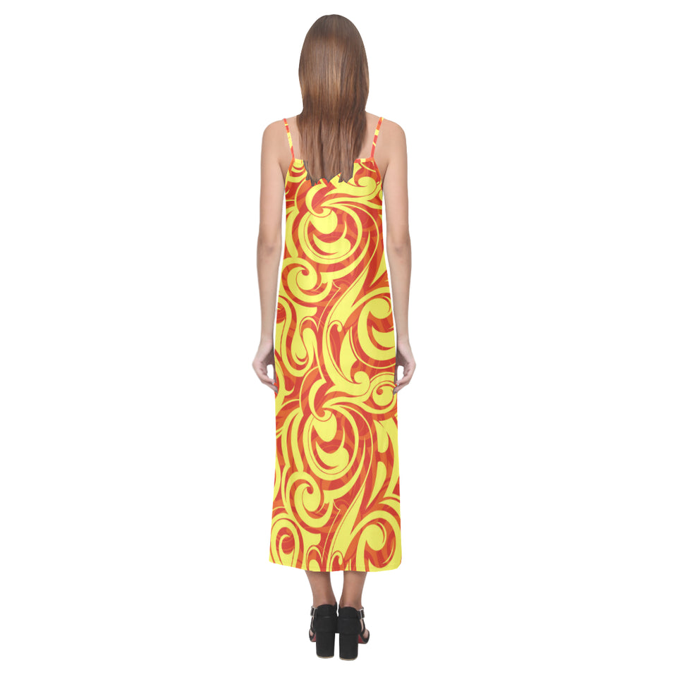 Fire flame design pattern V-Neck Open Fork Long Dress