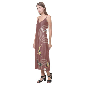 Fancy Carp red background V-Neck Open Fork Long Dress