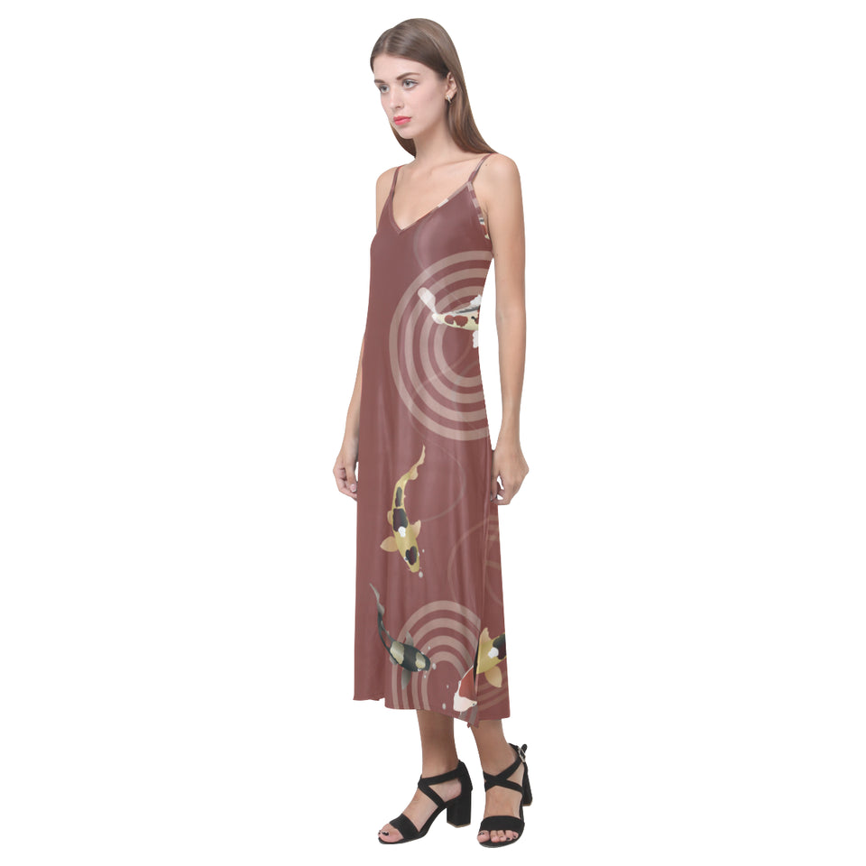 Fancy Carp red background V-Neck Open Fork Long Dress