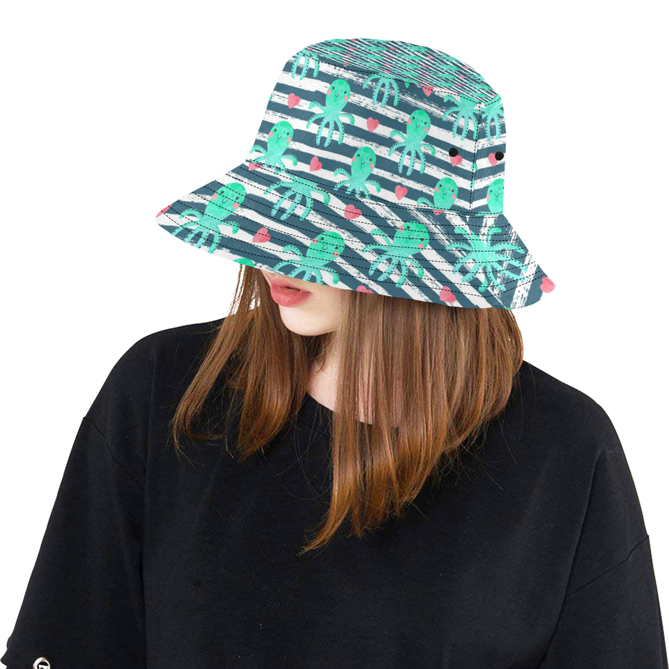 Cute octopuses heart striped background Unisex Bucket Hat