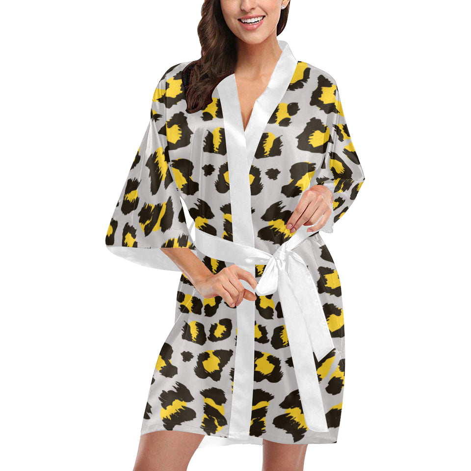 Gray Leopard print pattern Women's Short Kimono Robe