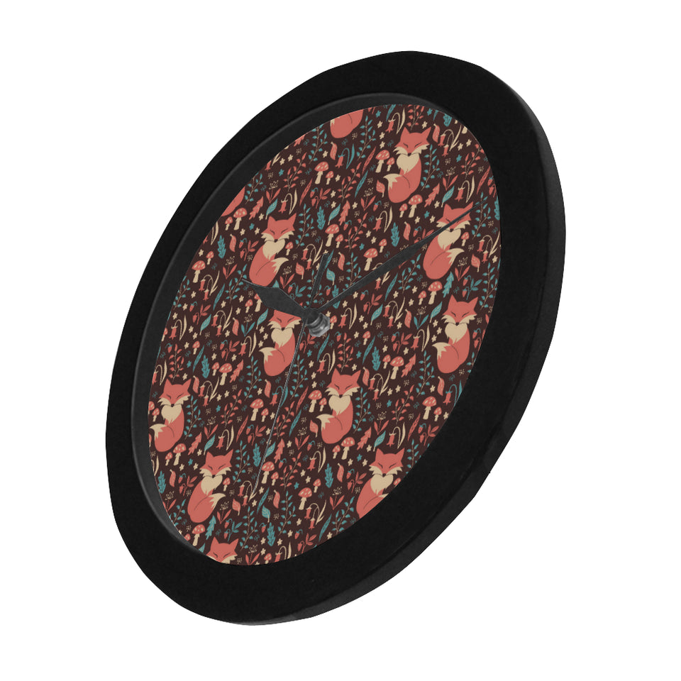 fox leaves mushroom pattern Elegant Black Wall Clock