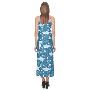Cute shark pattern V-Neck Open Fork Long Dress