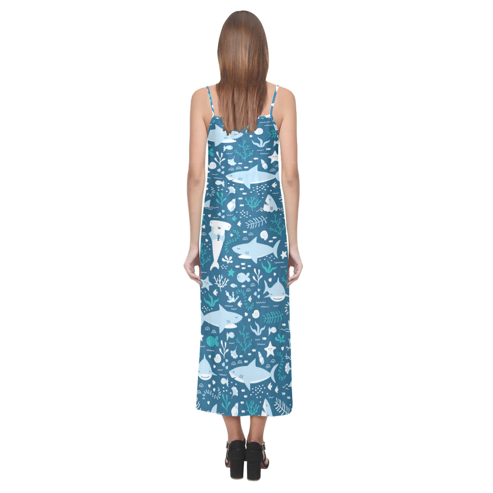 Cute shark pattern V-Neck Open Fork Long Dress