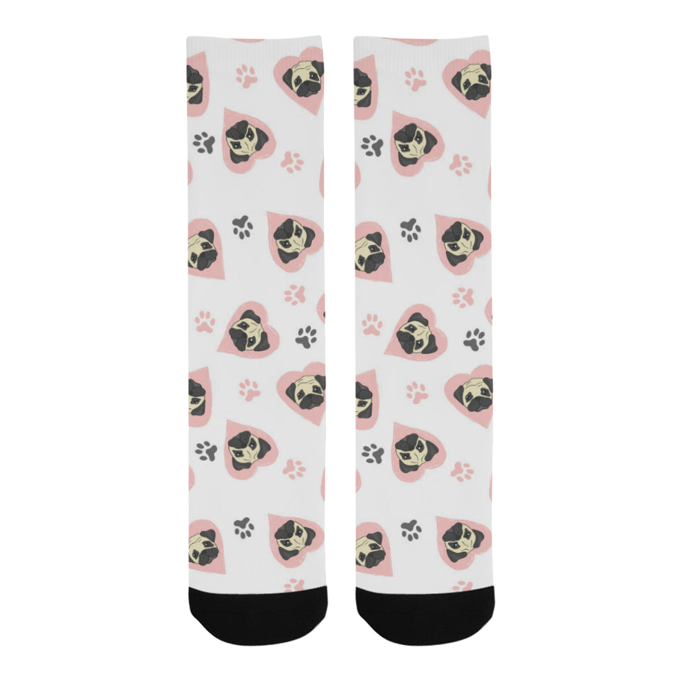 Cute pugs pink heart paw pattern Crew Socks
